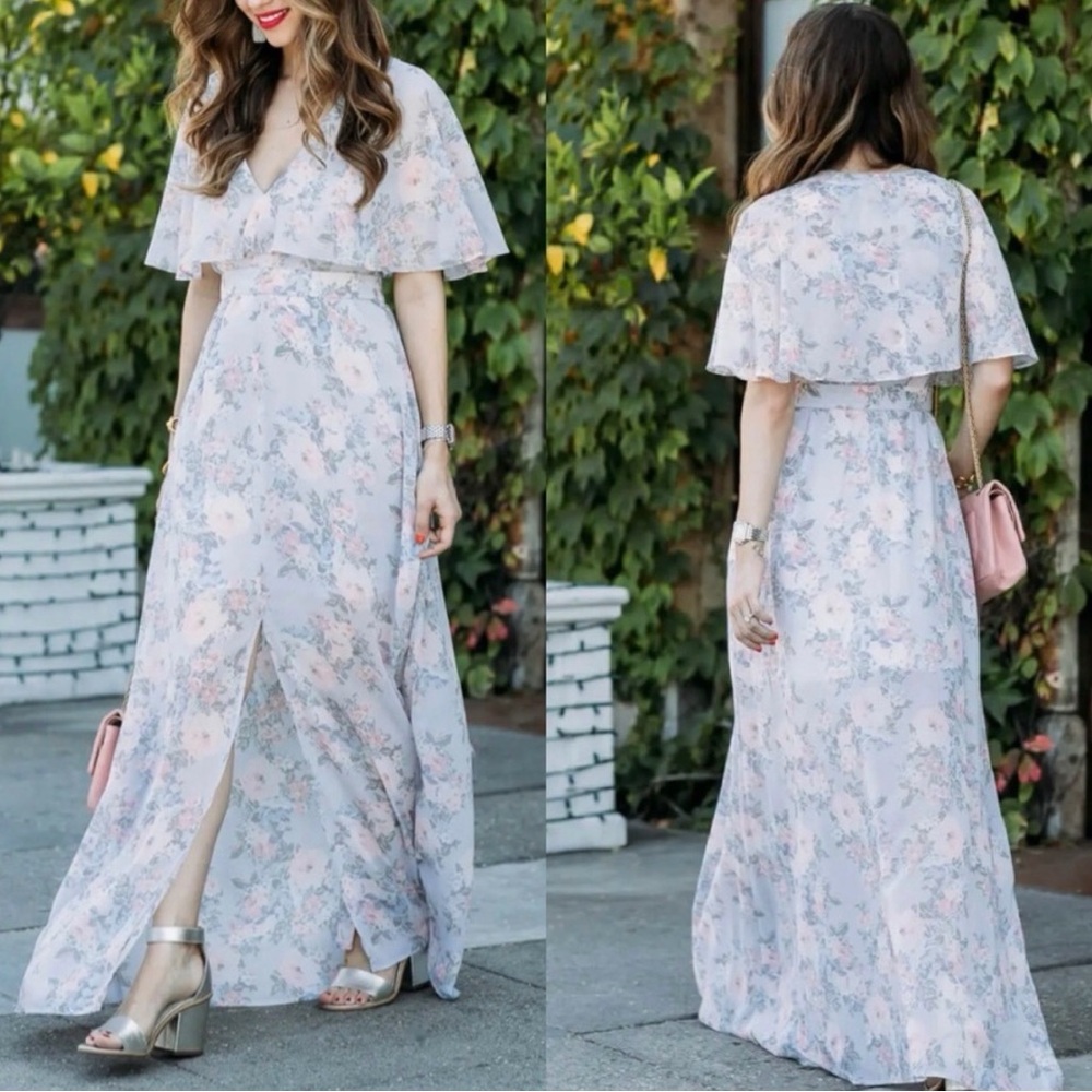 Wayf Floral V-Neck Cape Sleeve Maxi Dress in Light Pastel